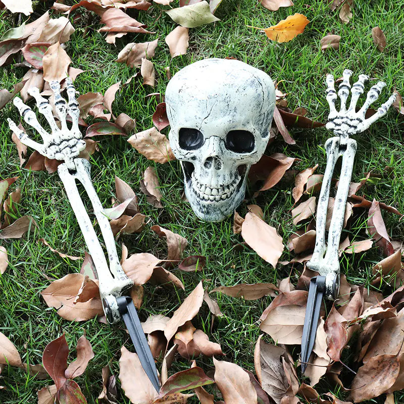 Garden Skeleton Trio — Skull & Buried Hands Set | Halloween Yard Décor