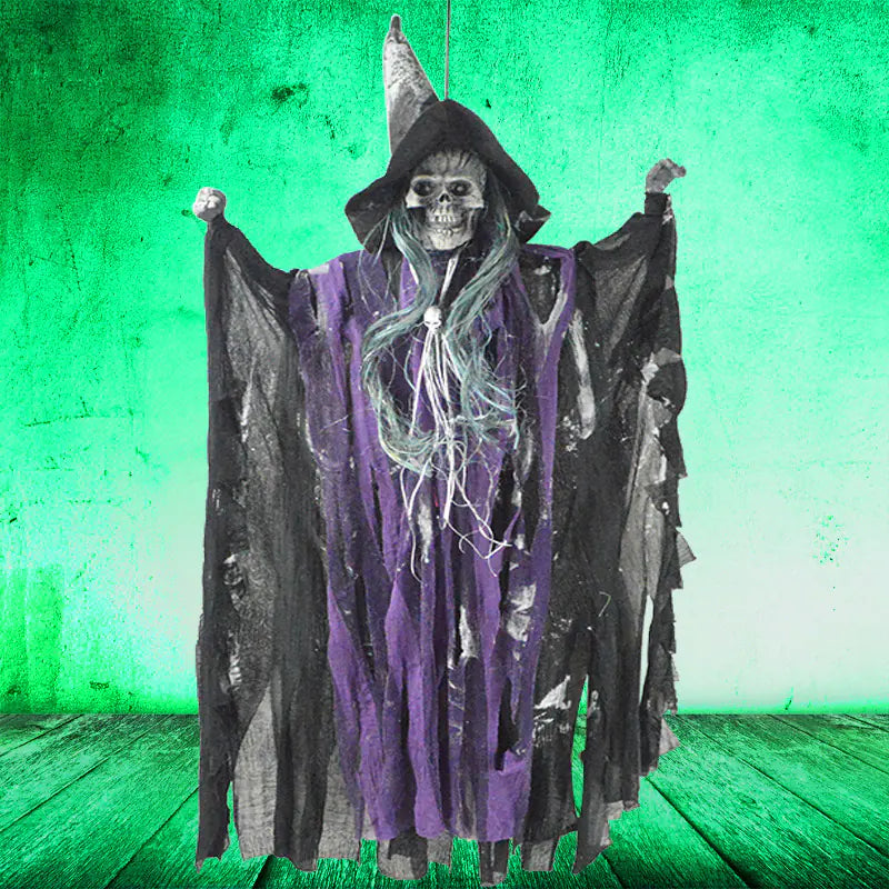 Voice-Activated Skeleton Witch — Sound & Light Halloween Prop (63×38 cm)