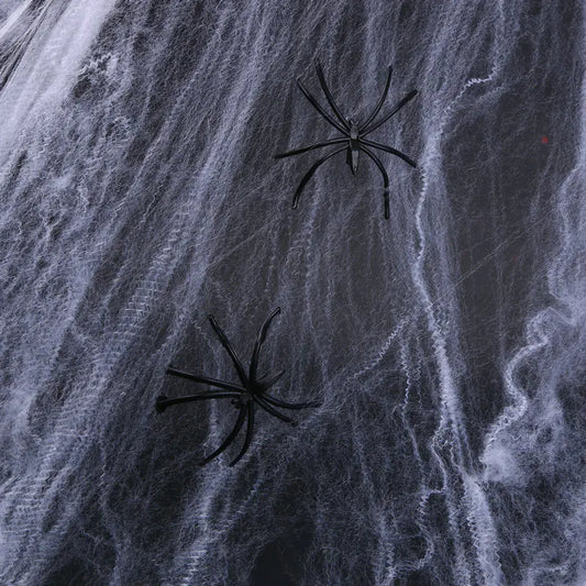 Spider Cotton Web — Stretchy “Silk” Cobweb with Mini Spiders | Halloween Décor