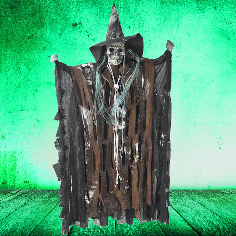 Voice-Activated Skeleton Witch — Sound & Light Halloween Prop (63×38 cm)